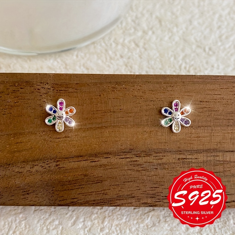 Women's S925 Sterling Silver Colorful Flower Stud Earrings